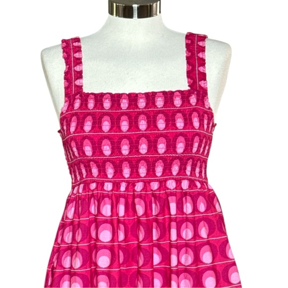 ZARA PINK SMOCKED BODICE RETRO GEO PRINT SLEEVELESS MAXI DRESS - Picture 4 of 11